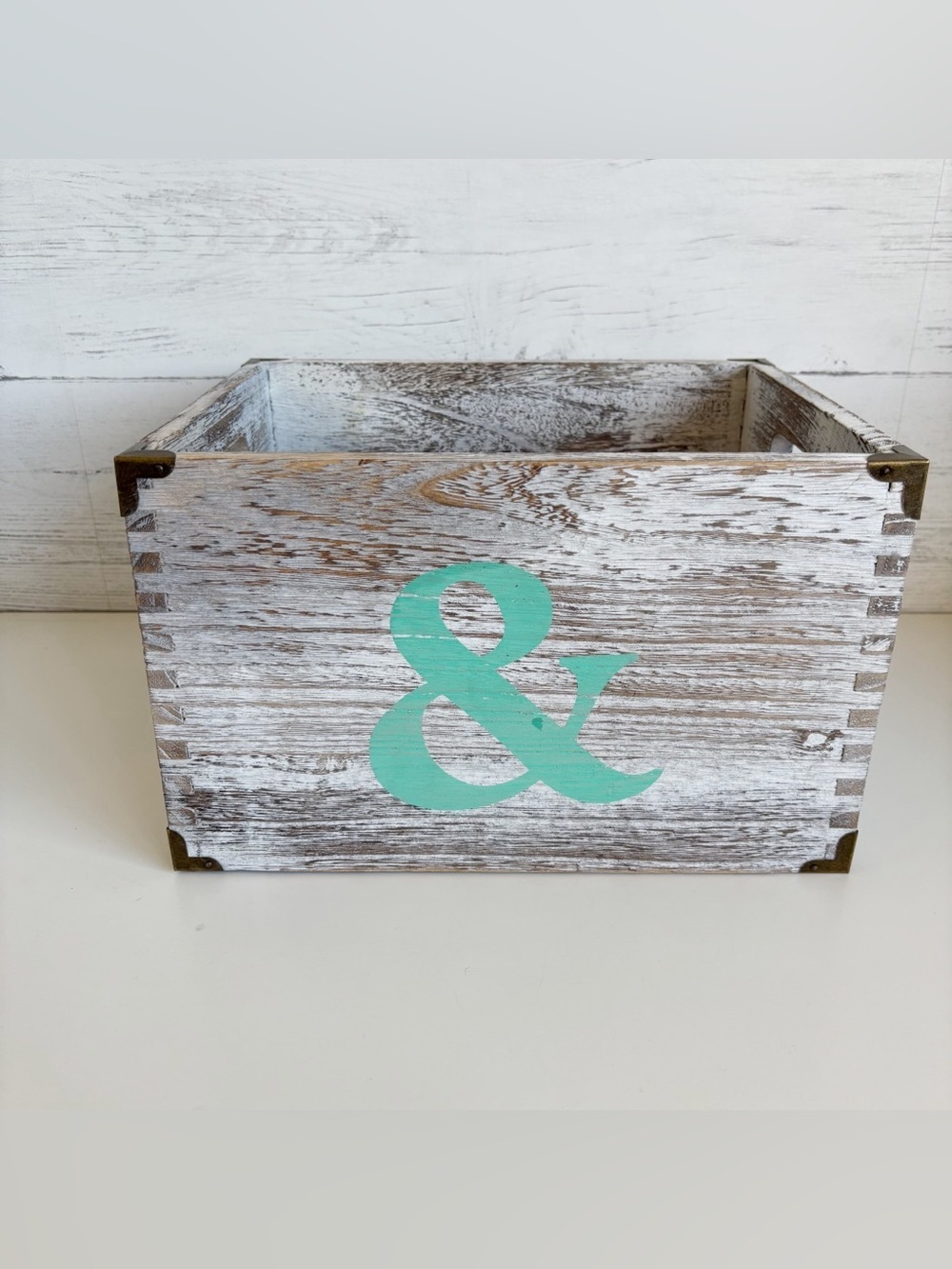 Rustic Distressed Whitewashed Wooden Crate “Ampersand” Symbol in Turquoise